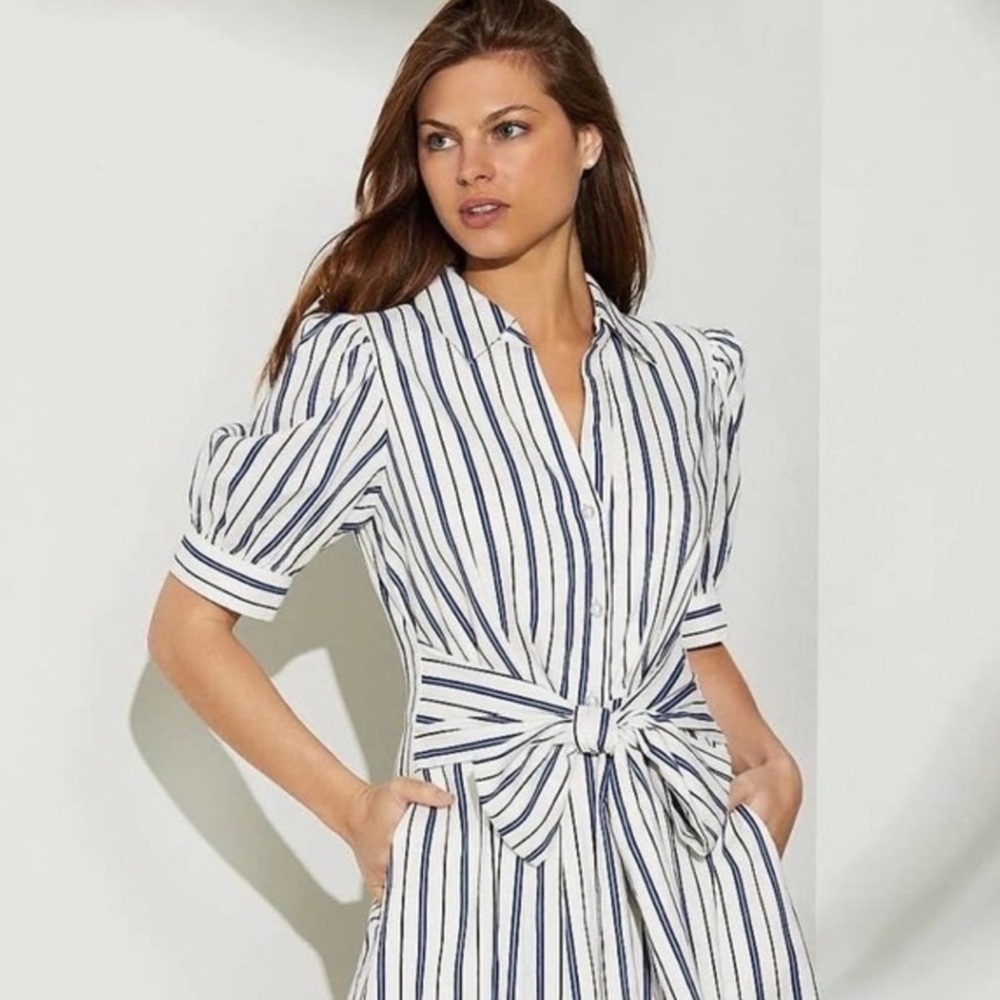 Alex Marie Linen Pearl Button Front Sash Waist Puff Sleeve Dress with pockets
